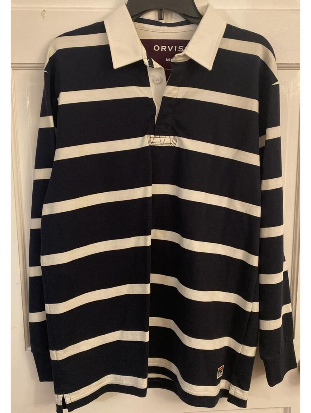 Nautical Orvis Mens Long Sleeve Rugby Shirt Navy Blue White Striped Cotton Med